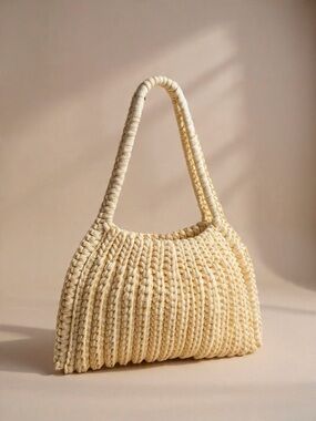 Cream Woven Shoulder Bag with Braided Handle